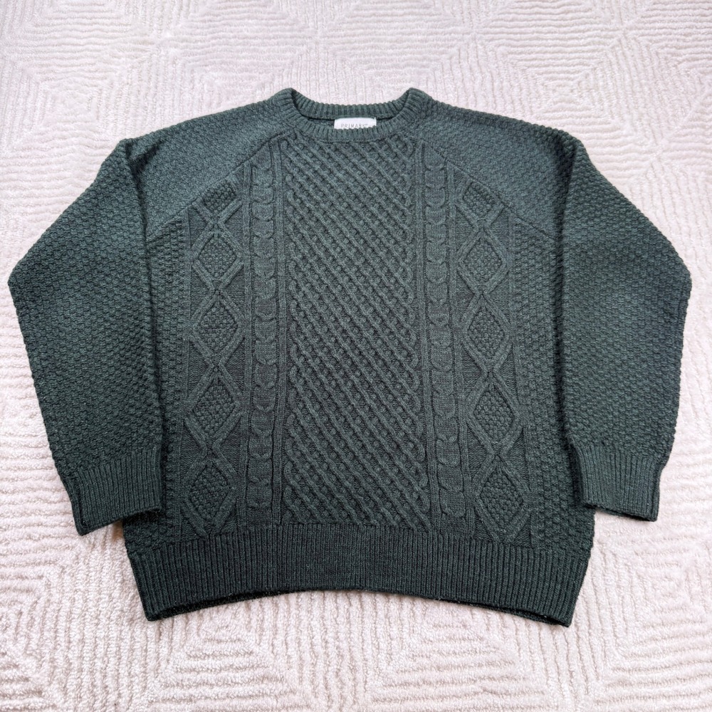 Primark Sweater Men's M Forest Green Cable Knit Crew Chunky Fisherman Winter